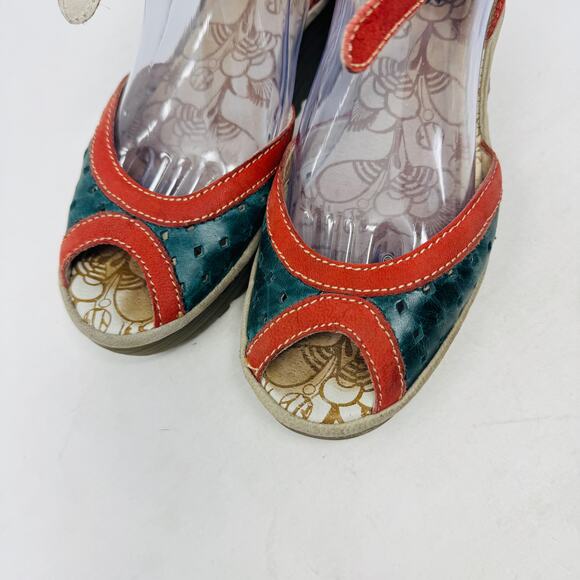 Fly London Ydel Teal and Red Leather Wedge Sandals Size 39 - Picture 2 of 13